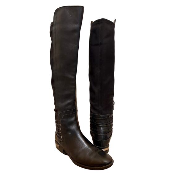 Vince Camuto Size 7.5 Tall Riding Style Boots Leather & Fabric Side Half Zip - Picture 1 of 13